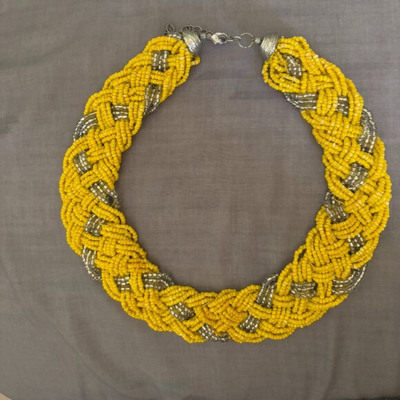 Vintage Hand-beaded-Woven Yellow and Silver-Glass Choker with Silver Hardware - Picture 7 of 11